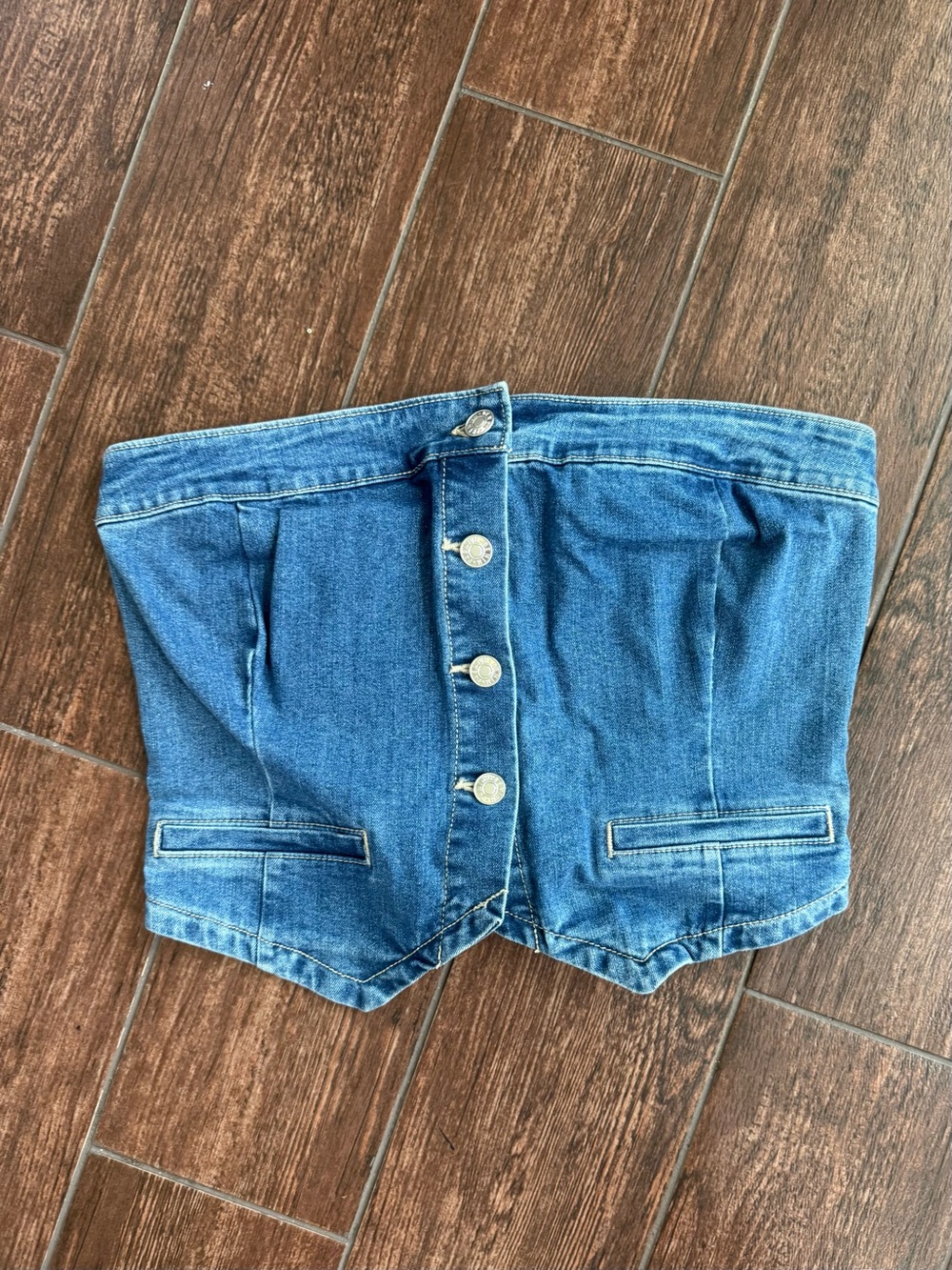 Denim Strapless Button-Front Crop Top - Blue